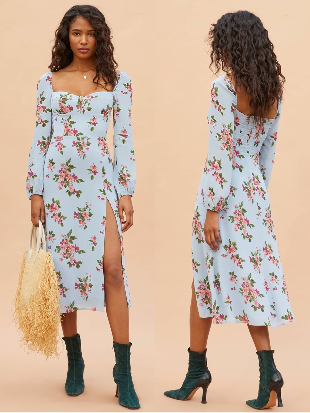 Reformation Shelby Dress Giulia Floral Blue Pink Midi Dress Size 8 Smocked Back